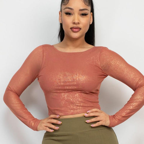 Rosario Foil Mesh Long Sleeve Crop Top
