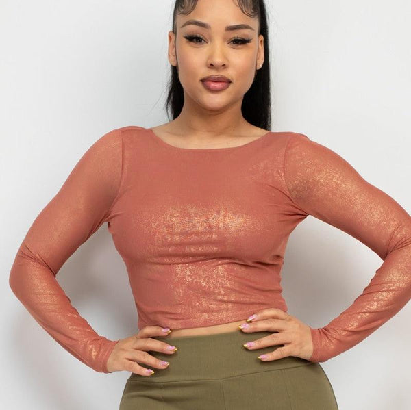 Rosario Foil Mesh Long Sleeve Crop Top