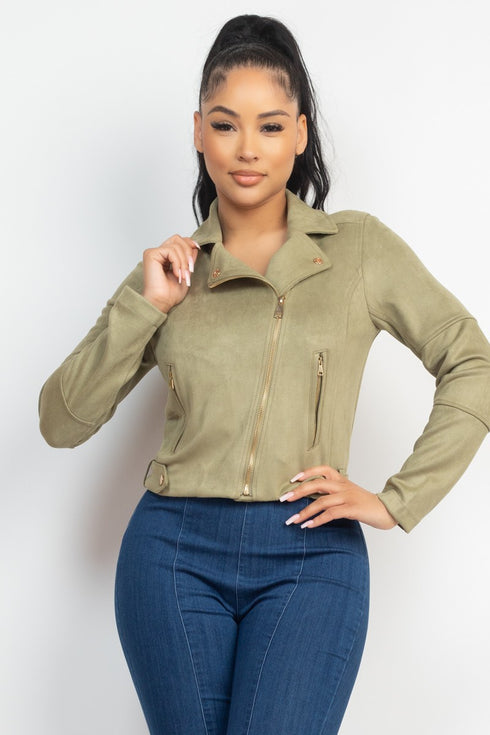 Monica Notch Zippered Suede Rider Jacket