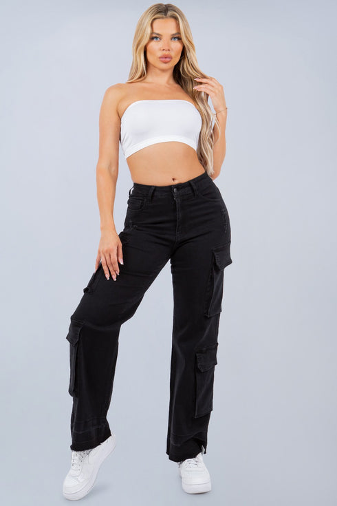 Vintage 90s Streetwear Womens Faded Baggy Wide Leg Cargo Jeans