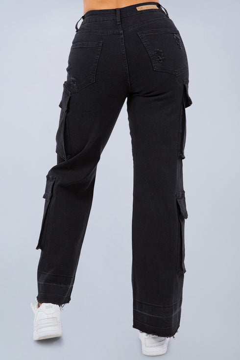 Vintage 90s Streetwear Womens Faded Baggy Wide Leg Cargo Jeans