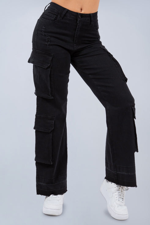 Vintage 90s Streetwear Womens Faded Baggy Wide Leg Cargo Jeans