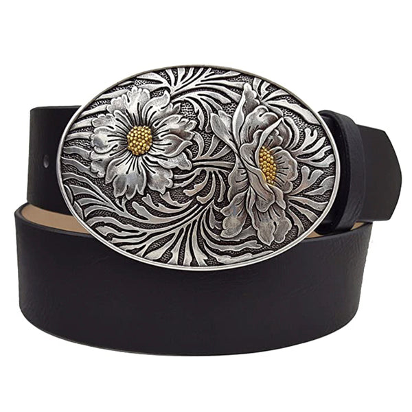 Women Western Belt 1 1/2" Snap On Oval Sunflower Engraving Buckle With Leather- Black