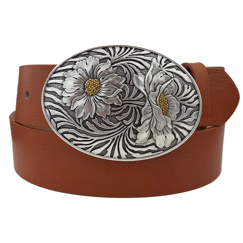 Women Western Belt 1 1/2" Snap On Oval Sunflower Engraving Buckle With Leather - Brown