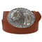 Women Western Belt 1 1/2" Snap On Oval Sunflower Engraving Buckle With Leather - Brown