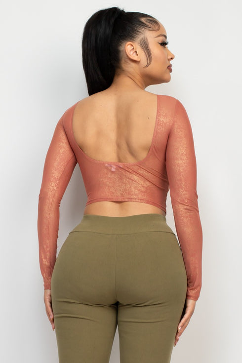 Rosario Foil Mesh Long Sleeve Crop Top