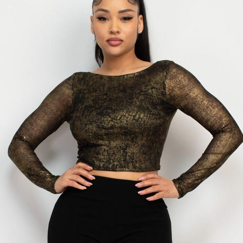 Rosario Foil Mesh Long Sleeve Crop Top