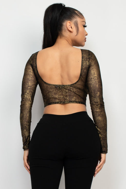 Rosario Foil Mesh Long Sleeve Crop Top