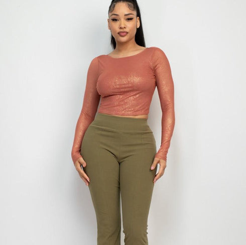 Rosario Foil Mesh Long Sleeve Crop Top