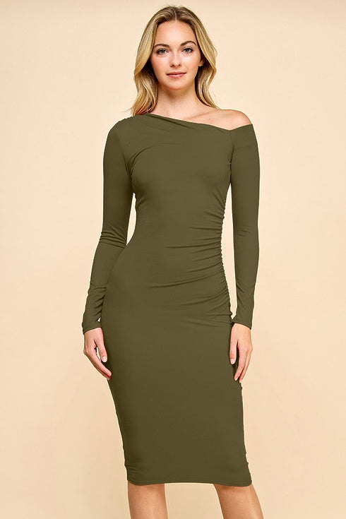 Helen Asymmetry Off Shoulder Side Ruched Midi Dress