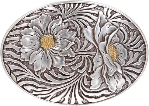 Women Western Belt 1 1/2" Snap On Oval Sunflower Engraving Buckle With Leather - Brown
