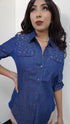 Rhinestone Embellished Button Down Chambray Top