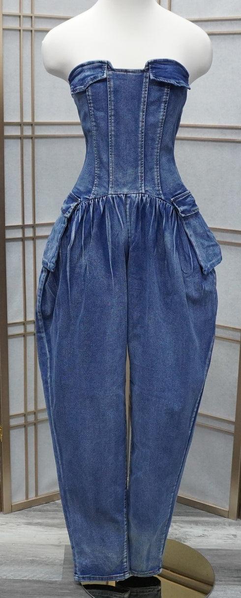 Ashely Washed Demin Tube Baggy Jumpsuit