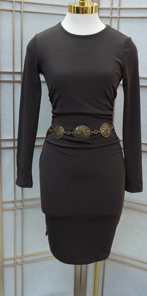 Ivon Side and Back Rushing Rib Long Sleeve Dress