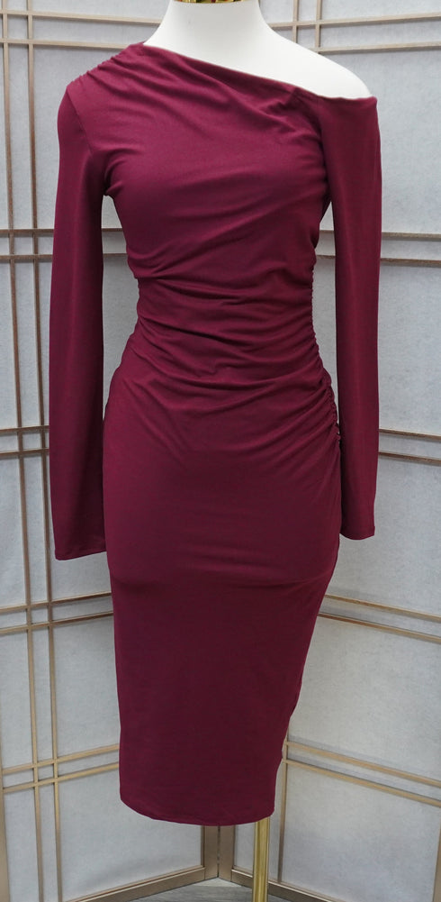 Helen Asymmetry Off Shoulder Side Ruched Midi Dress