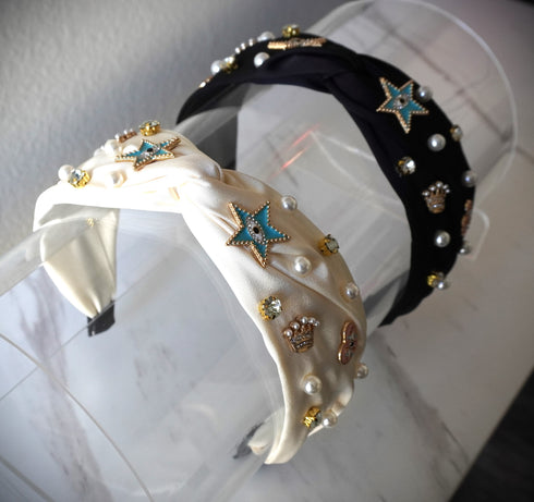 Woman knotted headband evil eye with pearls crystal, star, heart, crown embellished wide headbands Jeweled top knot hairband