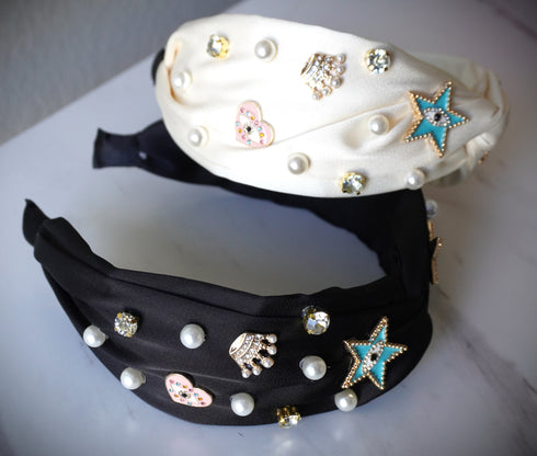 Woman knotted headband evil eye with pearls crystal, star, heart, crown embellished wide headbands Jeweled top knot hairband