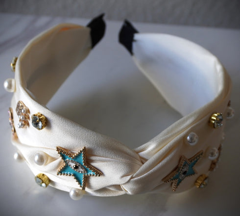 Woman knotted headband evil eye with pearls crystal, star, heart, crown embellished wide headbands Jeweled top knot hairband