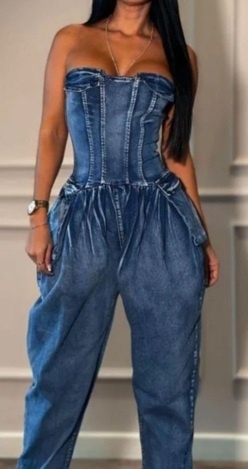 Ashely Washed Demin Tube Baggy Jumpsuit
