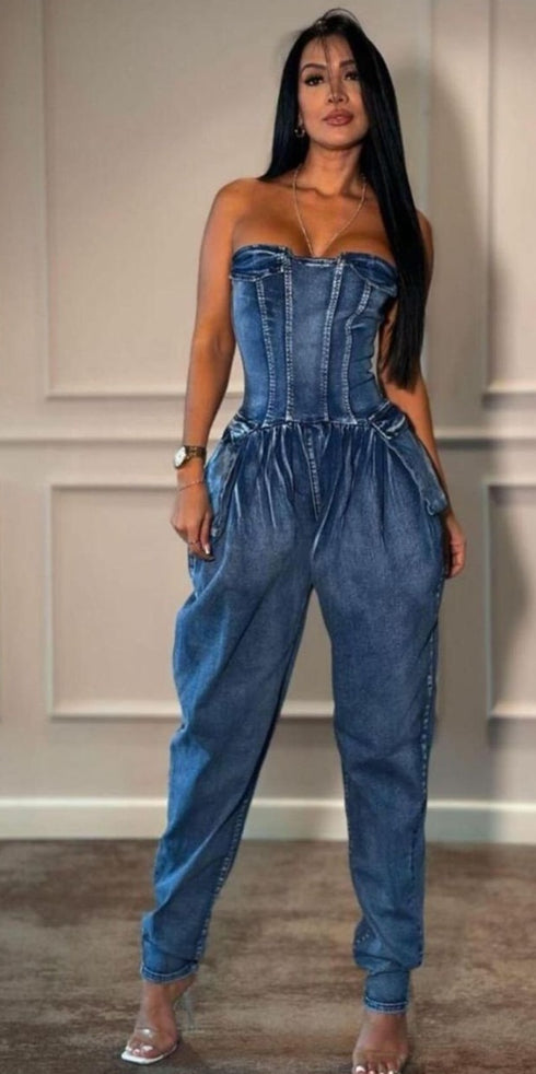 Ashely Washed Demin Tube Baggy Jumpsuit