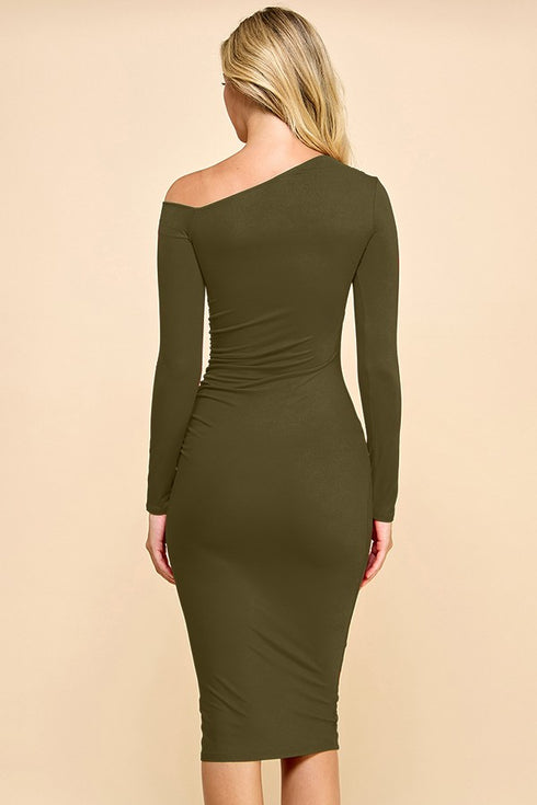 Helen Asymmetry Off Shoulder Side Ruched Midi Dress