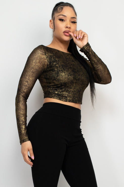 Rosario Foil Mesh Long Sleeve Crop Top