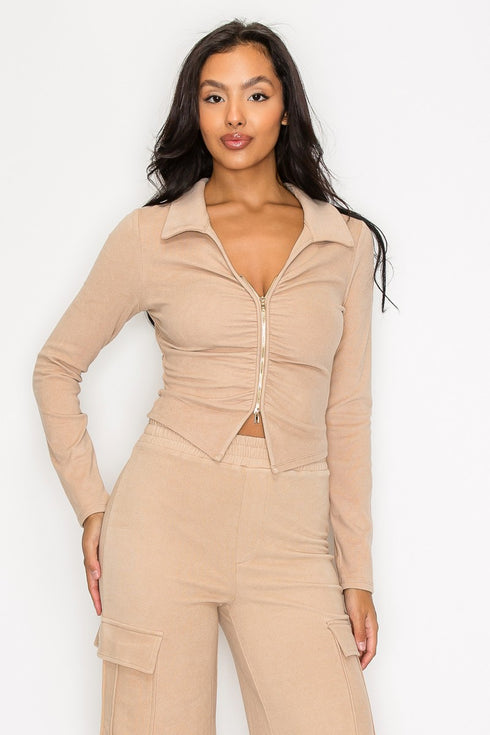 Gloria Zippered Ruched Collared Crop Top/ Sweater