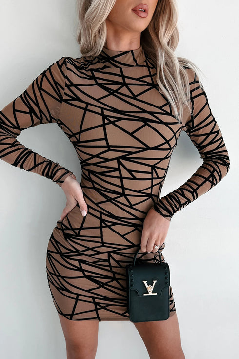 Gabby Geometric Mesh Bodycon Dress (Mocha)