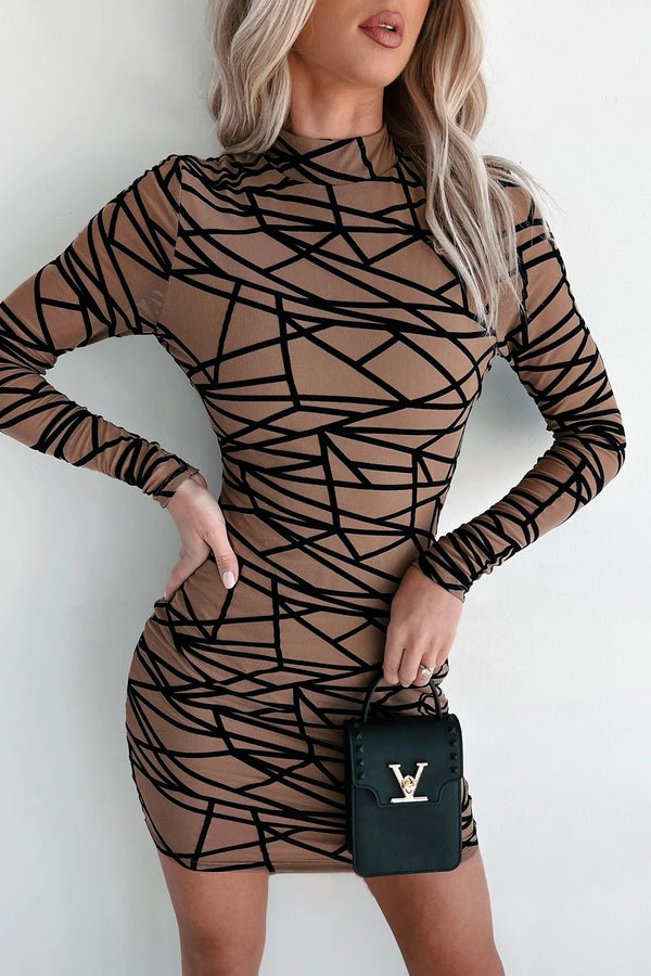 Gabby Geometric Mesh Bodycon Dress (Mocha)