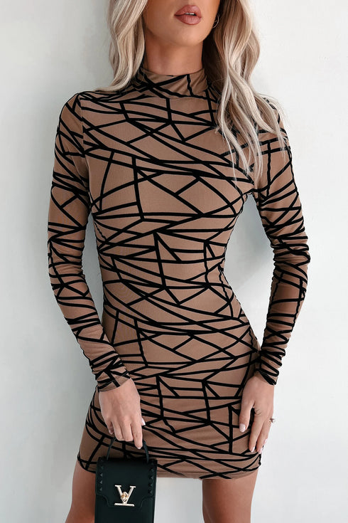 Gabby Geometric Mesh Bodycon Dress (Mocha)